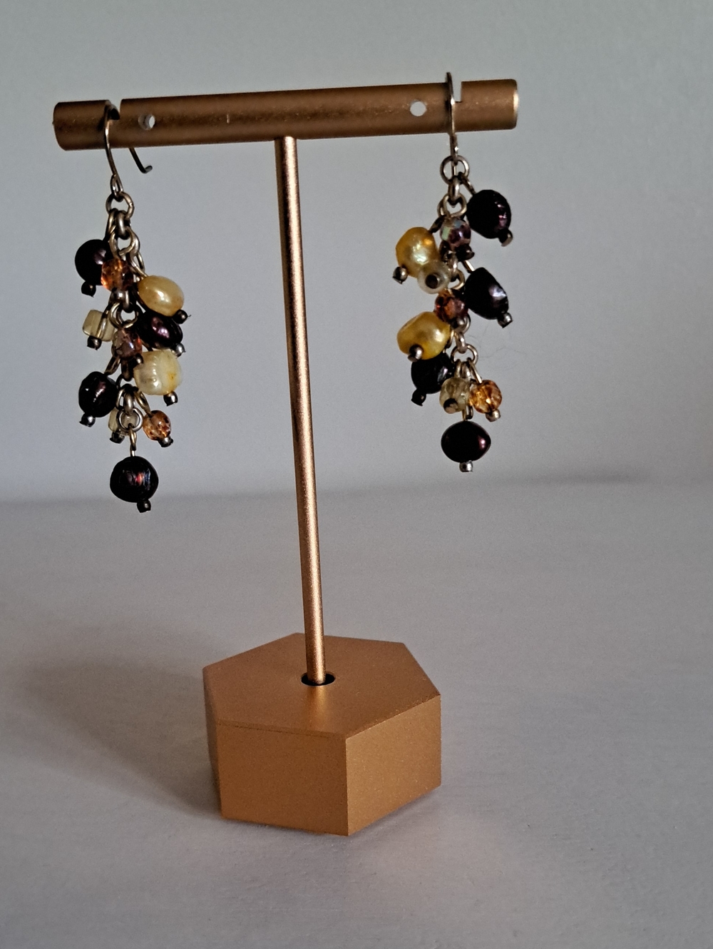 Gold and Black Cluster Drop Earrings with Pearlescent Accents